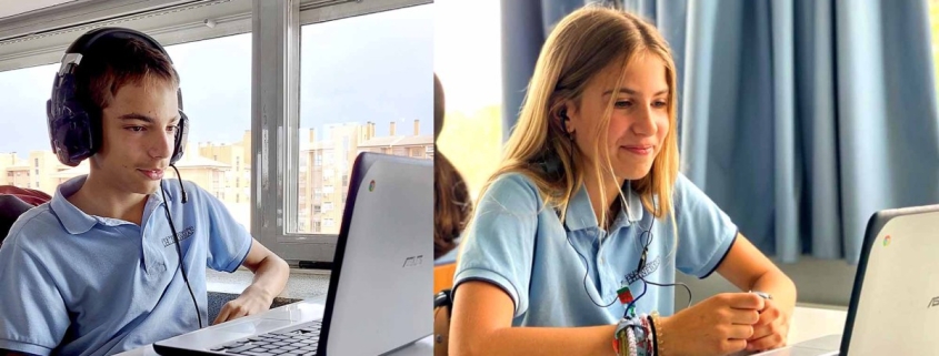 Alumnas utilizando dispositivos digitales en el colegio bilingue Madrid durante la clase.