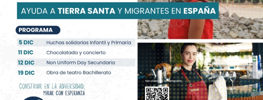 Cartel de campaña solidaria de Navidad 2025 del Colegio Newman con QR y fotos de alumnos colaborando.