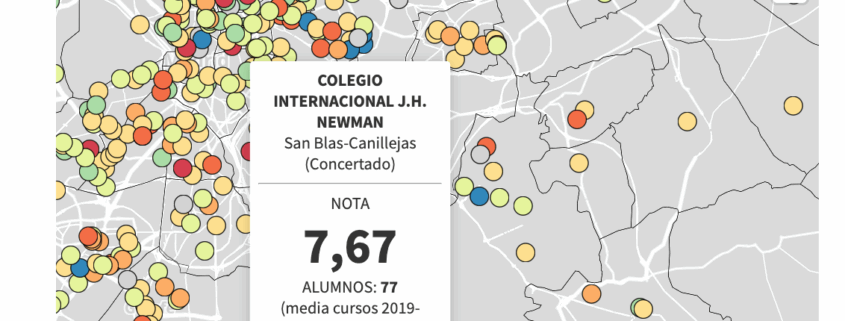 Mapa con puntos y nota media de EBAU por centros en Madrid, comparativa de institutos concertados Madrid.