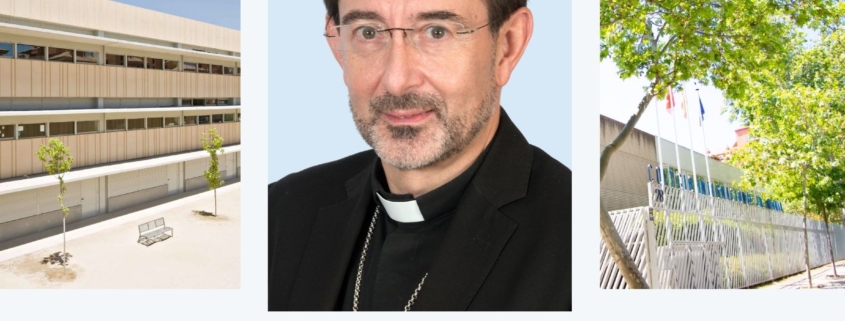 Cartel “20 años Newman” con foto del obispo y convocatoria de eucaristía en el colegio, colegio religioso Madrid.